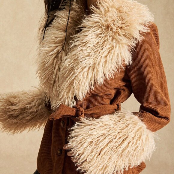 Brown Casual Women's Regular Fit Corduroy Patchwork Jacket - Picture 5 of 8